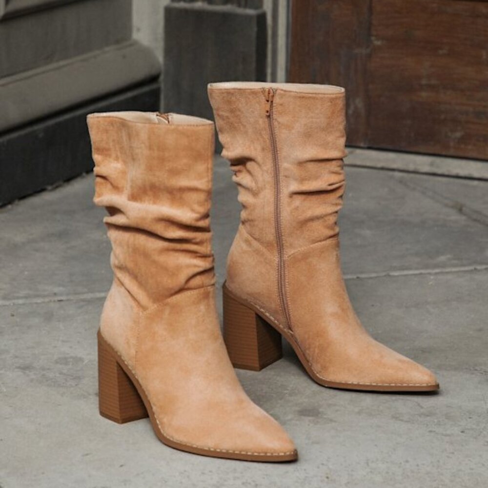 Penelopie Light Nude Suede Pointed-Toe Mid-Calf Boots